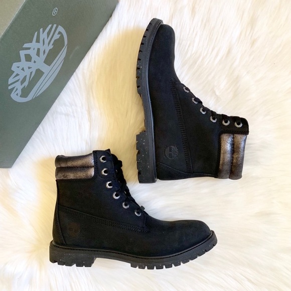 Timberland Shoes - Timberland 6” Double Collar Black & Silver Boots
